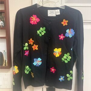 Emma Tricot Cardigan Embroidered Tropical Flowers Black Women’s Size Small